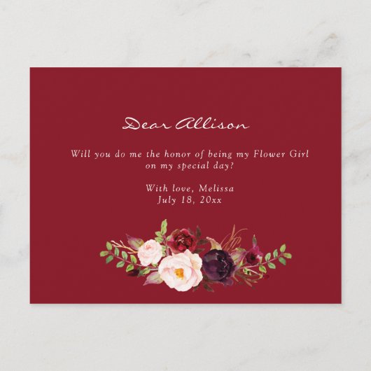 ブルゴーニュ開花は私のフラワーガールカードになる インビテーションポストカード (裏面)