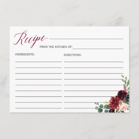 ブルゴーニュ開花フローラブライダルシャワーレシピカード エンクロージャーカード (正面)