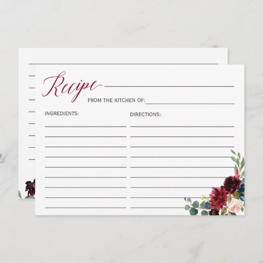 ブルゴーニュ開花フローラブライダルシャワーレシピカード エンクロージャーカード (正面/裏面)