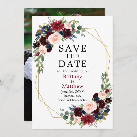 ブルゴーニュ青の水色フローラ写真ジオフレーム セーブザデート (正面/裏面)