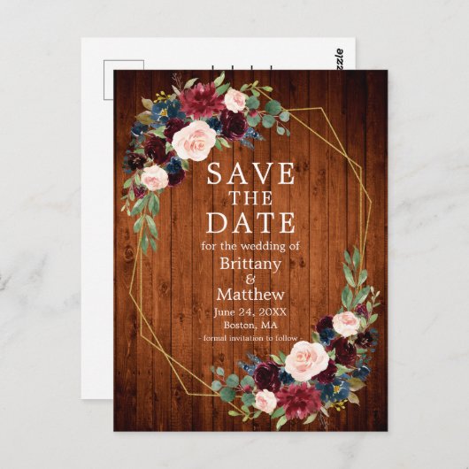 ブルゴーニュ青フローラ木材ジオフレーム日付を保存 ポストカード (正面/裏面)