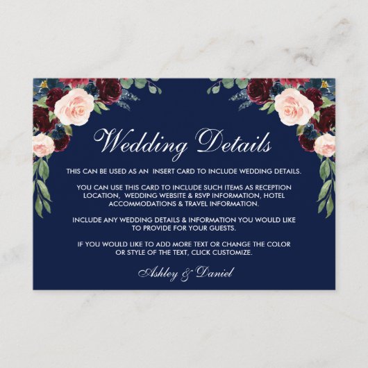 ブルゴーニュ青フローラ結婚の詳細挿入カード エンクロージャーカード (正面)