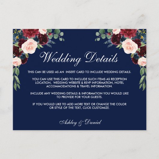 ブルゴーニュ青フローラ結婚の詳細挿入カードB ポストカード (正面)