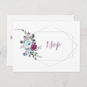 ブルゴーニュ青フローラ金ゴールド幾何学枠rsvp インビテーションポストカード (正面/裏面)