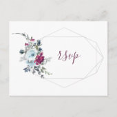 ブルゴーニュ青フローラ金ゴールド幾何学枠rsvp インビテーションポストカード (正面)