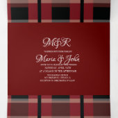 ブルゴーニュ黒の格子模様ホワイトリングや輪結婚ロゴ 三つ折り招待状 (内部中)