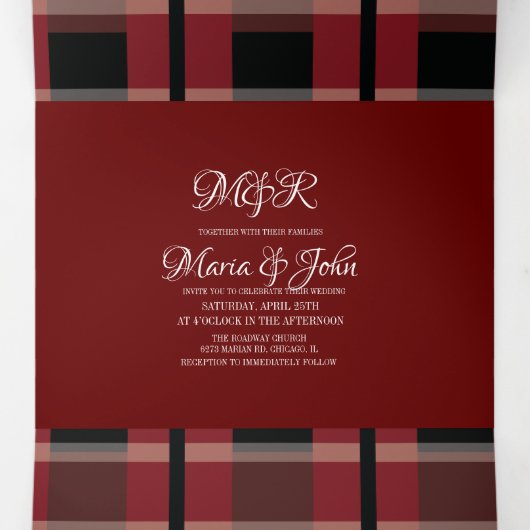 ブルゴーニュ黒の格子模様ホワイトリングや輪結婚ロゴ 三つ折り招待状 (内部中)