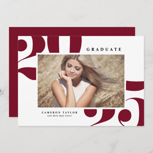 ブルゴーニュ2025はっきりしたタイポグラフィ写真卒業 招待状 (正面/裏面)