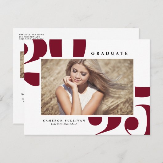 ブルゴーニュ2025はっきりしたタイポグラフィ写真卒業 案内ポストカード (正面/裏面)