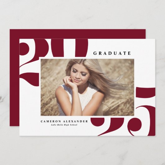 ブルゴーニュ2025はっきりしたタイポグラフィ写真卒業 案内状 (正面/裏面)