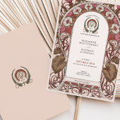 ブルゴーニュ&アイボリー花模様アールヌーボー結婚ズ 招待状