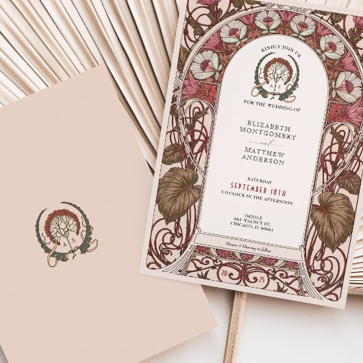 ブルゴーニュ&アイボリー花模様アールヌーボー結婚ズ 招待状