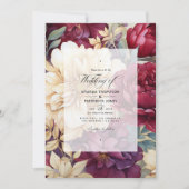 ブルゴーニュ、アイボリー、金ゴールドのフローラ結婚 招待状 (正面)