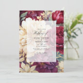 ブルゴーニュ、アイボリー、金ゴールドのフローラ結婚 招待状 (スタンド正面)