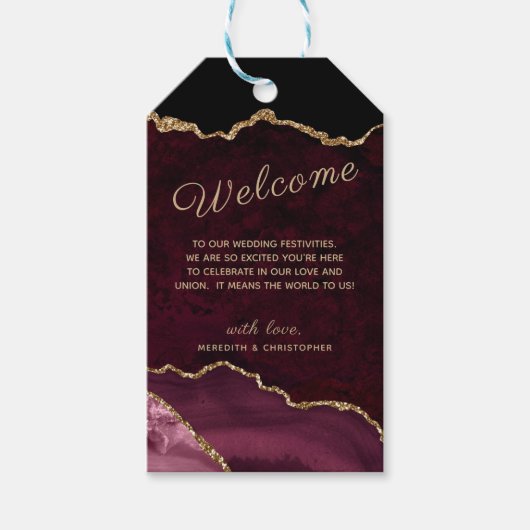ブルゴーニュ・アゲート金ゴールド結婚グリッターの歓迎 ギフトタグ (正面)