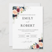 ブルゴーニュ・アンド・ネイビーフローラ結婚式招待状 招待状 (正面)