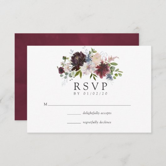 ブルゴーニュ・アンド・ネイビー結婚フローラ 出欠カード (正面/裏面)