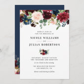 ブルゴーニュ・アンド・ネイビー赤面バラ結婚ズ 招待状 (正面/裏面)