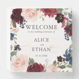 ブルゴーニュ·アンド·ネイビー·ブルー·フローラ結婚ズへようこそ ウッドボックスサイン