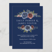 ブルゴーニュ·アンド·ネイビー·ブルー·赤面·フローラ結婚ズ 招待状 (正面/裏面)