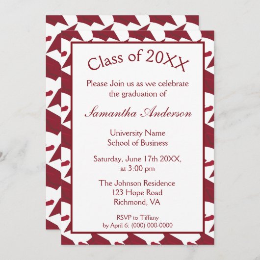 ブルゴーニュ・アンド・ホワイトの卒業式パーティー 招待状 (正面/裏面)