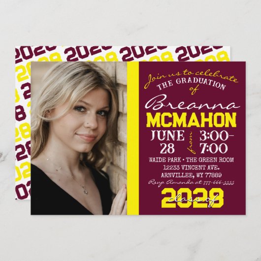 ブルゴーニュ&イエロー卒業写真招待状 招待状 (正面/裏面)