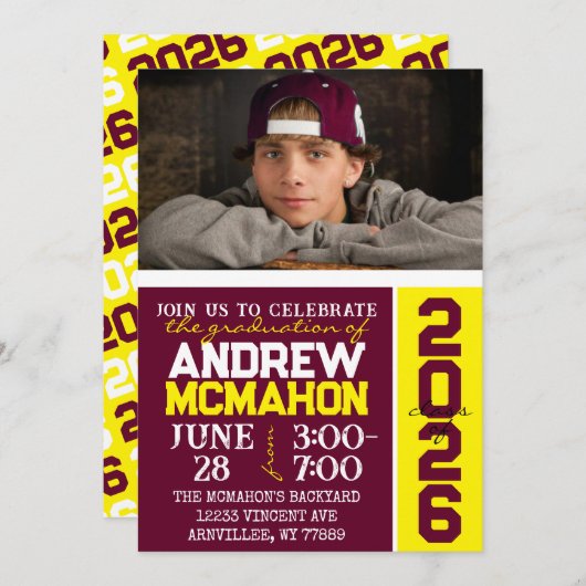 ブルゴーニュ&イエロー卒業写真招待状 招待状 (正面/裏面)