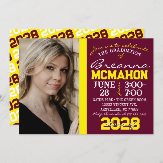ブルゴーニュ&イエロー卒業写真招待状 招待状 (正面/裏面)