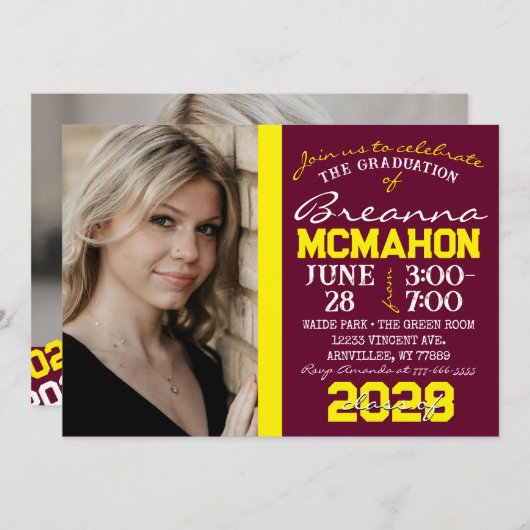 ブルゴーニュ&イエロー卒業2フォト招待状 招待状 (正面/裏面)