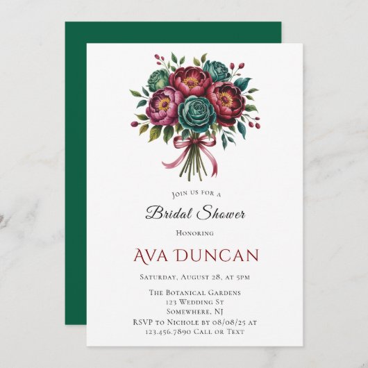 ブルゴーニュ&エメラルドピーオンウィンターブライダルシャワー 招待状 (正面/裏面)