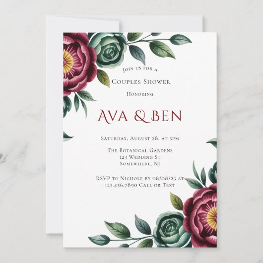 ブルゴーニュ&エメラルド牡丹冬カップルのシャワー 招待状 (正面)