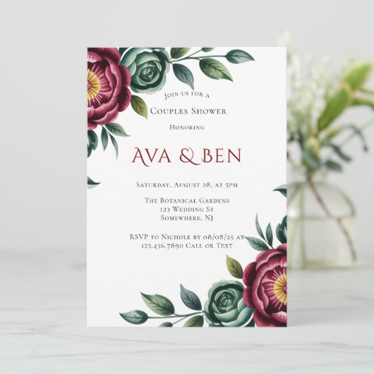 ブルゴーニュ&エメラルド牡丹冬カップルのシャワー 招待状 (スタンド正面)