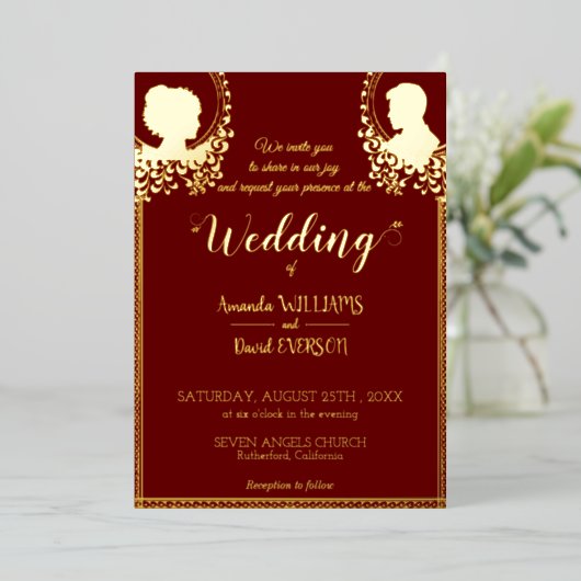 ブルゴーニュ – エレガントなウェディング – ゴールデン実在と一緒 箔招待状 (立ち正面)