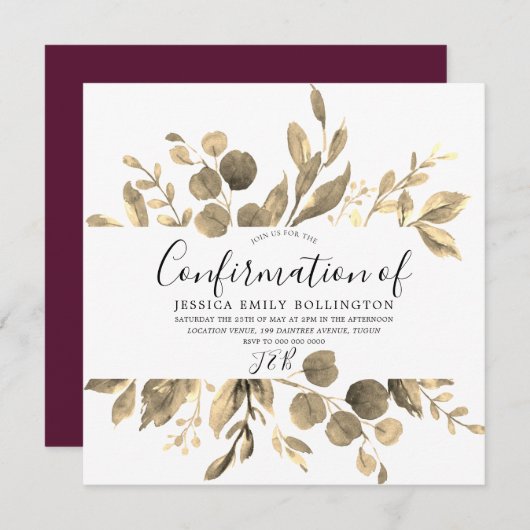 ブルゴーニュ&エレガント金ゴールドリーフガールズ確認 招待状 (正面/裏面)