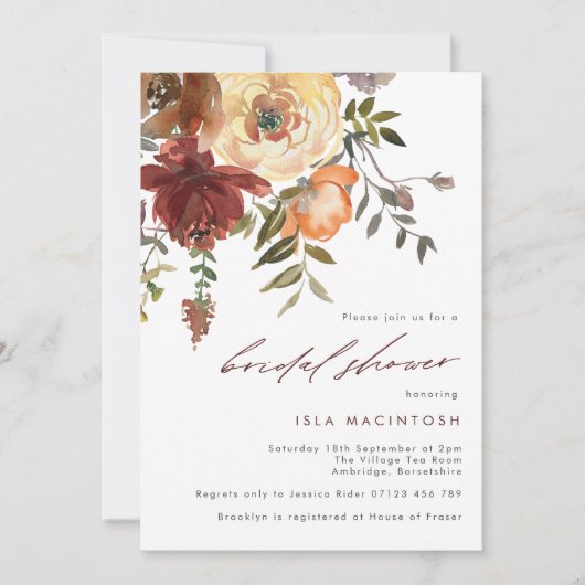 ブルゴーニュ&オレンジオータム花模様ブライダルシャワー 招待状 (正面)