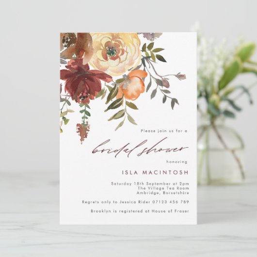 ブルゴーニュ&オレンジオータム花模様ブライダルシャワー 招待状 (スタンド正面)