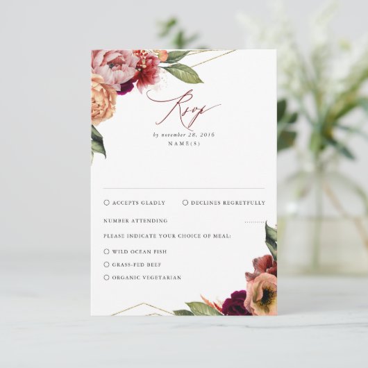 ブルゴーニュ&オレンジフローラ秋の結婚式RSVP 出欠カード (スタンド正面)