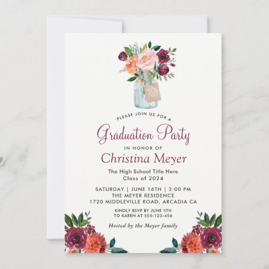 ブルゴーニュ・オレンジフローラ・メイソン・ジャー卒業パーティー 招待状 (正面)