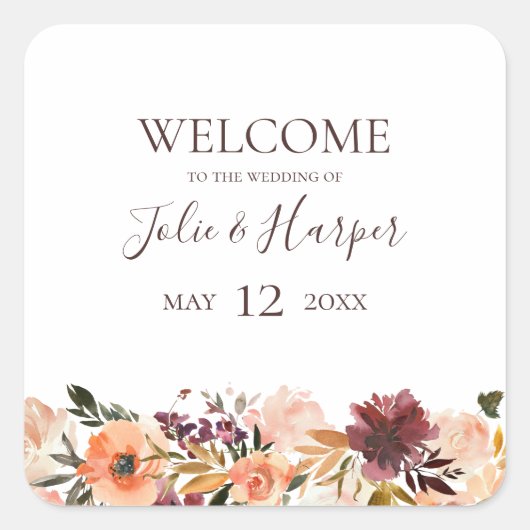 ブルゴーニュ・オレンジ結婚フローラの歓迎 スクエアシール (正面)