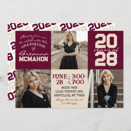 ブルゴーニュ&クリームタン3写真卒業招待状 招待状 (正面/裏面)