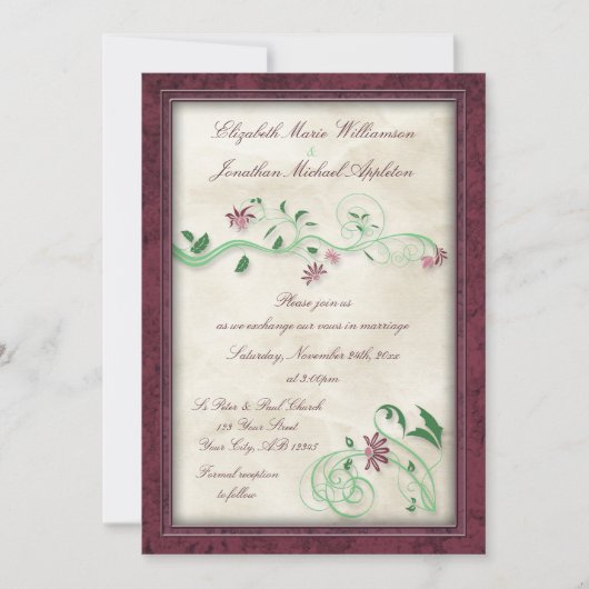 ブルゴーニュ&グリーンフローラつる植物結婚式招待状 招待状 (正面)