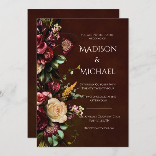ブルゴーニュ&グリーンフローラ結婚ズ 招待状 (正面/裏面)