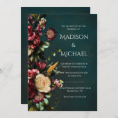 ブルゴーニュ&グリーンモダンフローラ結婚ズ 招待状 (正面/裏面)