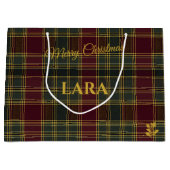 ブルゴーニュ、グリーン、イエローの格子模様のクリスマス ラージペーパーバッグ (正面)