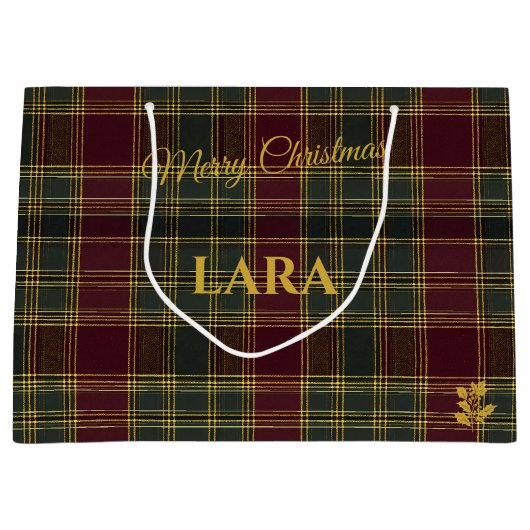 ブルゴーニュ、グリーン、イエローの格子模様のクリスマス ラージペーパーバッグ (正面)