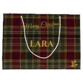 ブルゴーニュ、グリーン、イエローの格子模様のクリスマス ラージペーパーバッグ (裏面)