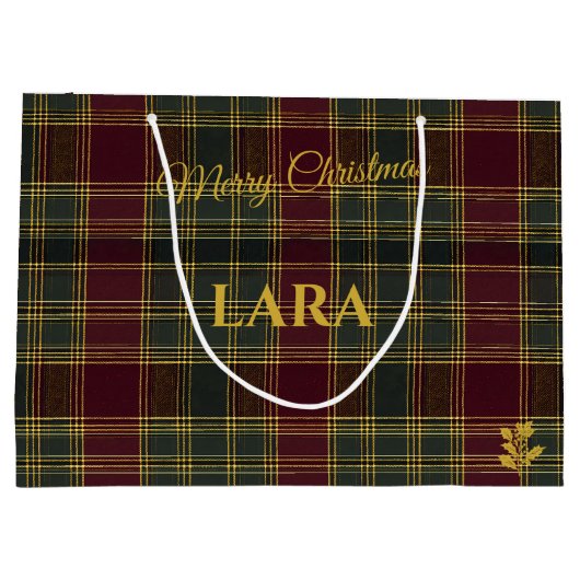 ブルゴーニュ、グリーン、イエローの格子模様のクリスマス ラージペーパーバッグ (裏面)