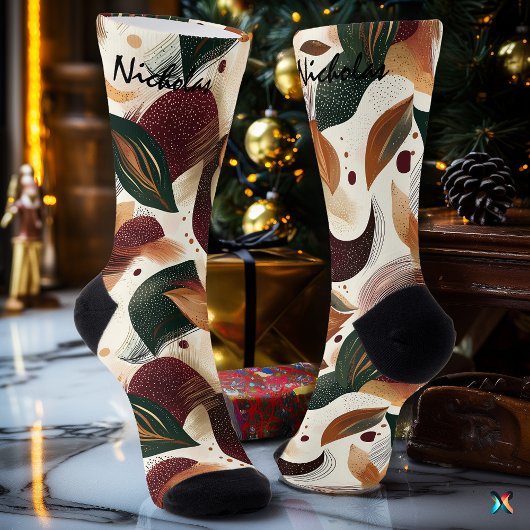 ブルゴーニュ、グリーン、マスタードの紅葉 ソックス