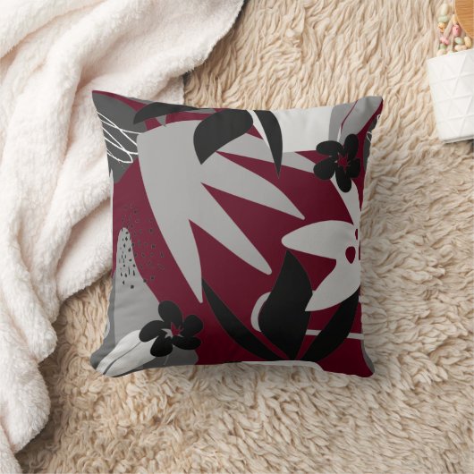 ブルゴーニュ&グレイ芸術的抽象芸術トロピカル クッション (ブランケット)