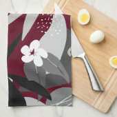 ブルゴーニュ&グレーモダン熱帯葉パターン キッチンタオル (四つ折り)